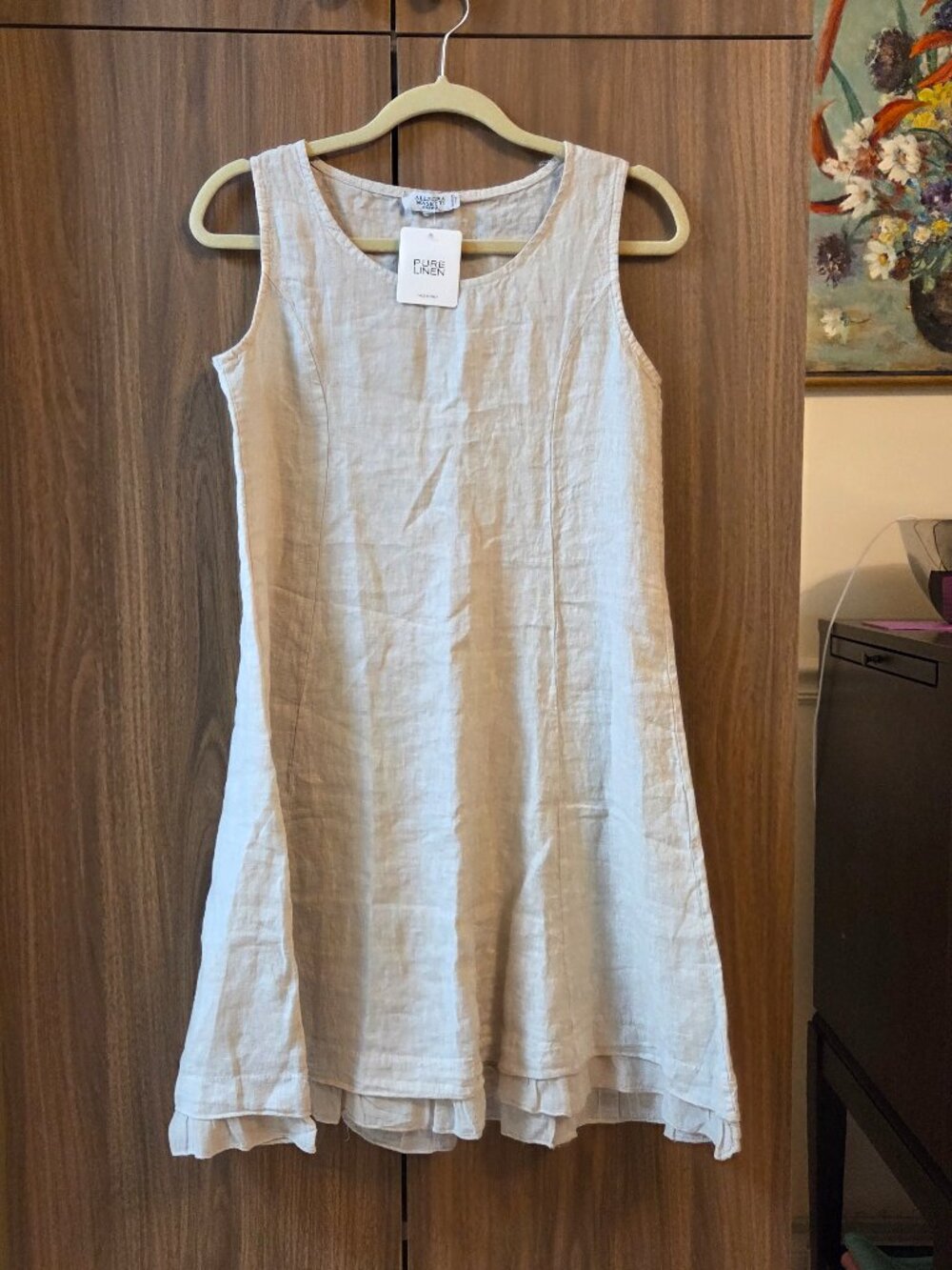 Italian Allegra Mazetti Dress sz S Pure Linen Beige Sleeveless Ruffled Bottom